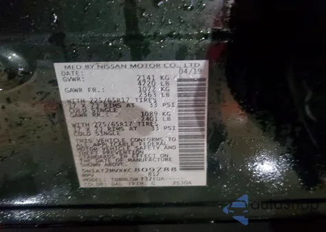 2019 Nissan Rogue Sv z USA, uszkodzony, nr VIN 5N1AT2MVXKC809788